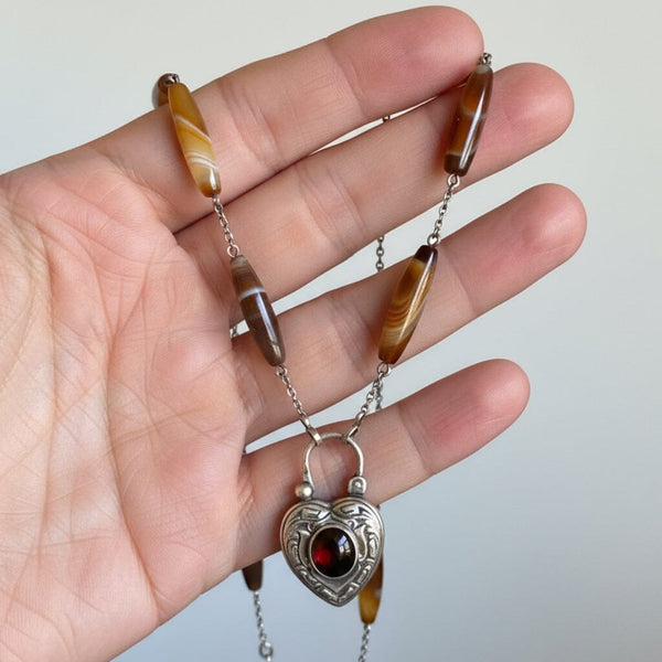 Vintage Scottish Agate Garnet Heart Padlock Necklace