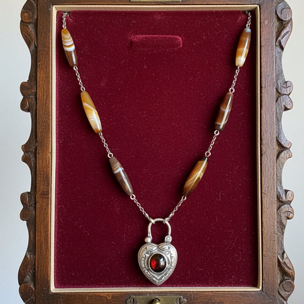 Vintage Scottish Agate Garnet Heart Padlock Necklace