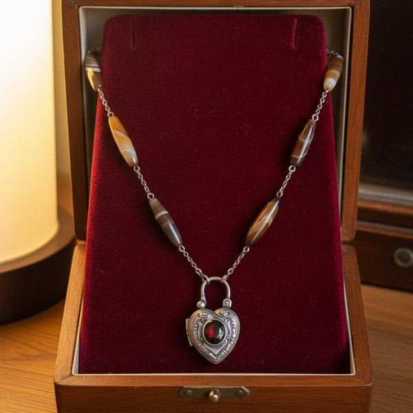 Vintage Scottish Agate Garnet Heart Padlock Necklace
