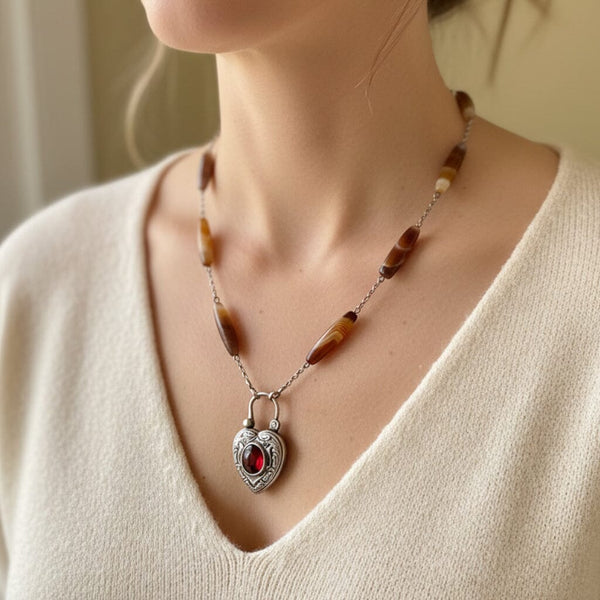 Vintage Scottish Agate Garnet Heart Padlock Necklace