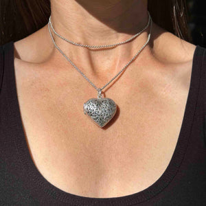 Vintage Large Silver Filigree Vinaigrette Heart Locket Pendant Necklace - Boylerpf
