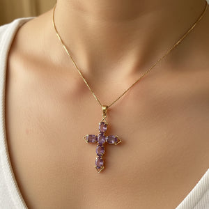 Vintage 14K Gold Amethyst Cross Pendant Necklace - Boylerpf