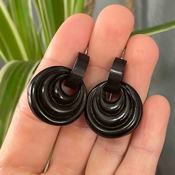 Antique Victorian Carved Circular Whitby Jet Drop Earrings - Boylerpf