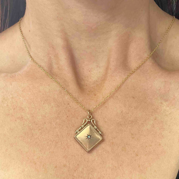 Antique Opal Starburst Square Gold Filled Locket Necklace - Boylerpf