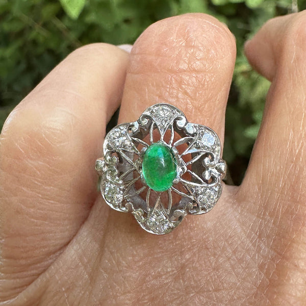 Art Deco 14K White Gold Emerald Cabochon Diamond Ring - Boylerpf