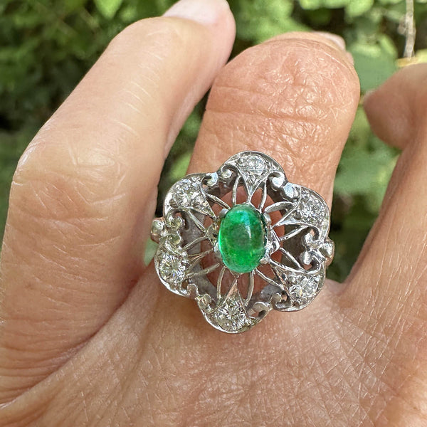 Art Deco 14K White Gold Emerald Cabochon Diamond Ring - Boylerpf