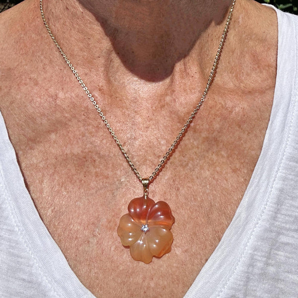 Fine 18K Gold Quartz Star Carved Flower Carnelian Pendant - Boylerpf