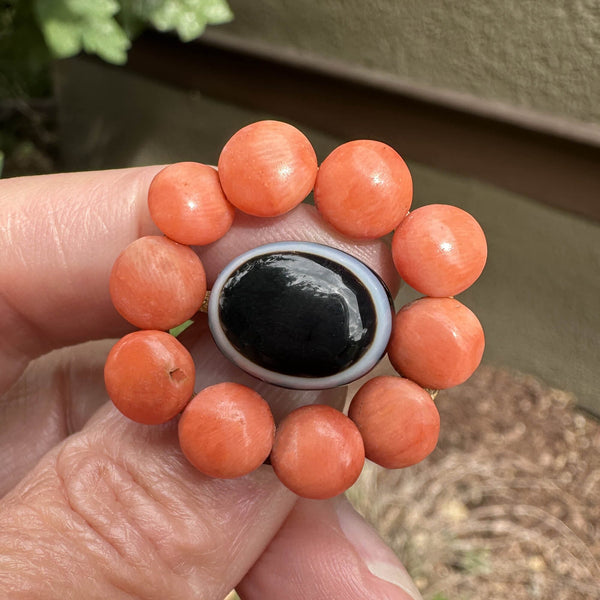 Antique Bullseye Agate Victorian Button Coral Brooch - Boylerpf