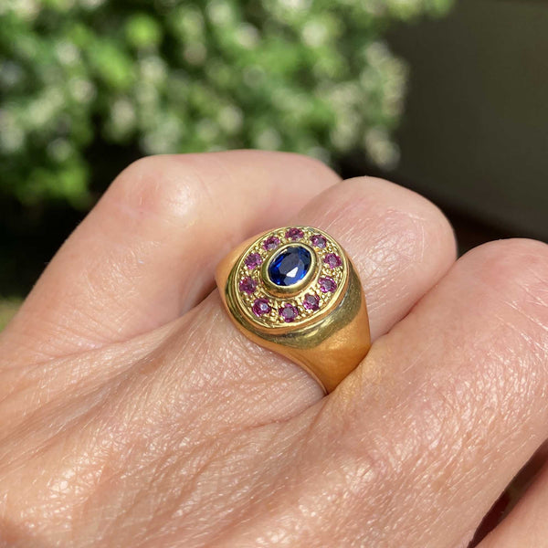 Vintage 18K Gold Ruby Halo Sapphire Signet Ring - Boylerpf