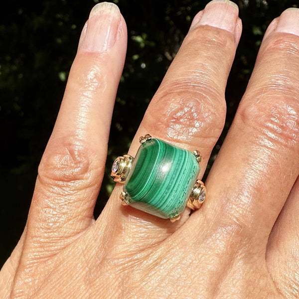 Heavy 18K Gold 14CTW Cabochon Malachite Ring w Diamond Accents - Boylerpf