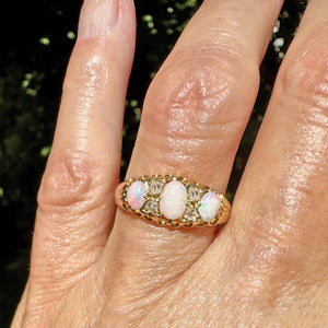 Fine 18K Gold Rose Cut Diamond Three Stone Opal Ring Band - Boylerpf