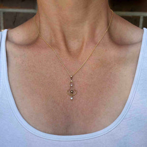 Edwardian 10K Gold Buttercup Diamond Pearl Lavaliere Necklace - Boylerpf