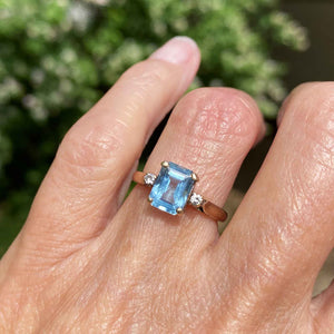 Vintage 14K Gold Diamond Emerald Cut Blue Topaz Ring - Boylerpf