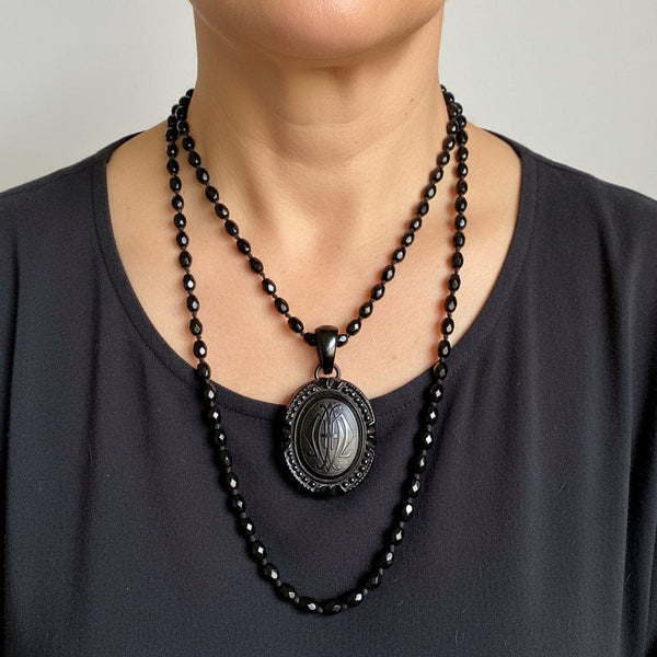 Antique Victorian Whitby Jet Mourning Locket Necklace - Boylerpf
