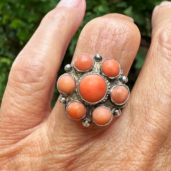 Arts & Crafts Sterling Silver Coral Cabochon Ring - Boylerpf