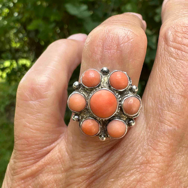 Arts & Crafts Sterling Silver Coral Cabochon Ring - Boylerpf