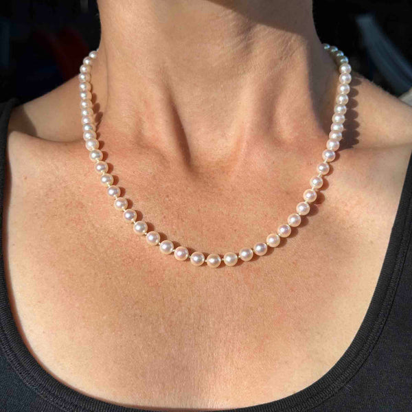 Vintage 14K Gold Hand Knotted 6mm White Pearl Necklace - Boylerpf