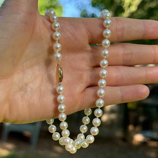 Vintage 14K Gold Hand Knotted 6mm White Pearl Necklace - Boylerpf