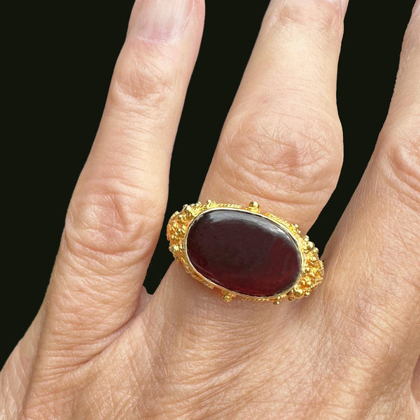 Etruscan 18K Gold East West Carnelian Signet Ring, Hammered Band - Boylerpf