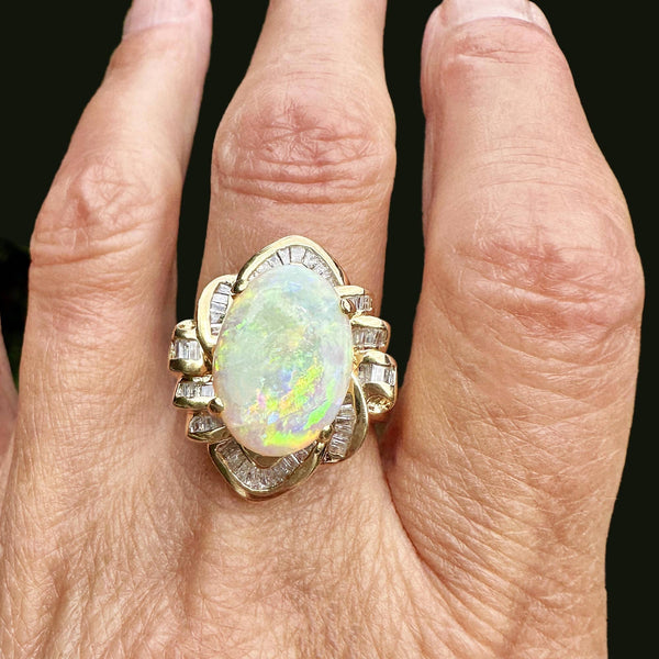 Vintage 14K Gold Baguette Diamond Opal Cocktail Ring - Boylerpf