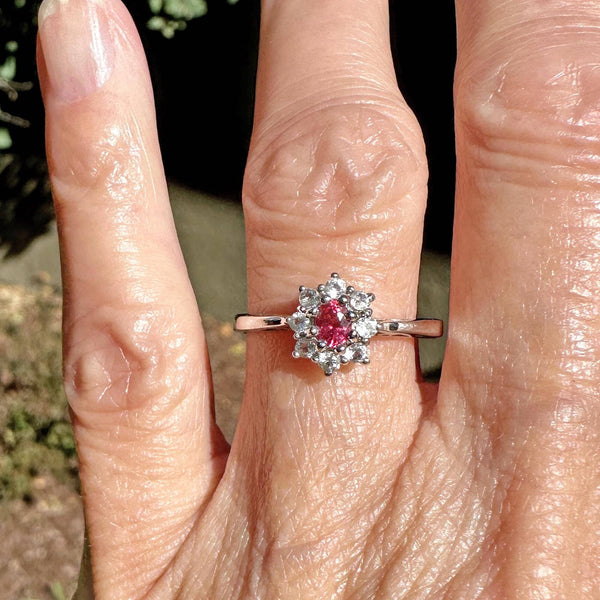 Vintage 14K White Gold Red Spinel Halo Cluster Ring - Boylerpf