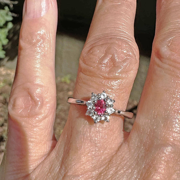 Vintage 14K White Gold Red Spinel Halo Cluster Ring - Boylerpf