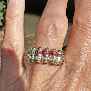 18K Gold Emerald Ruby Sapphire Diamond Tutti Frutti Ring Band - Boylerpf