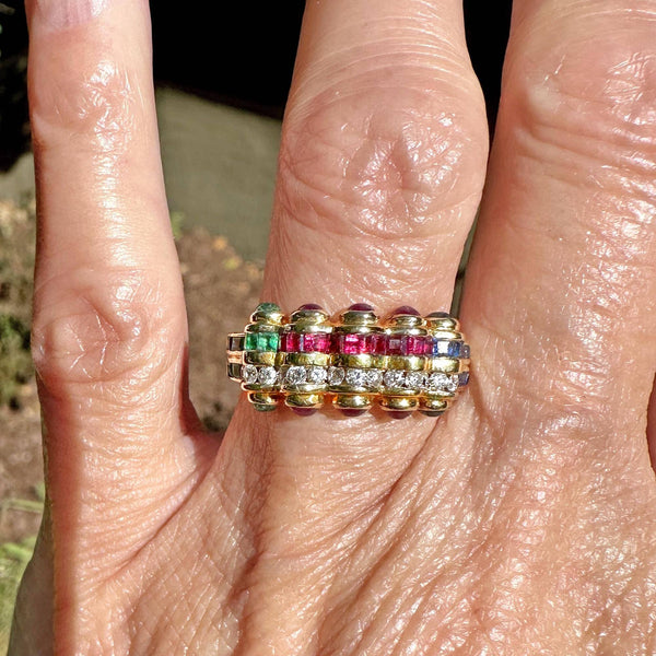 18K Gold Emerald Ruby Sapphire Diamond Tutti Frutti Ring Band - Boylerpf