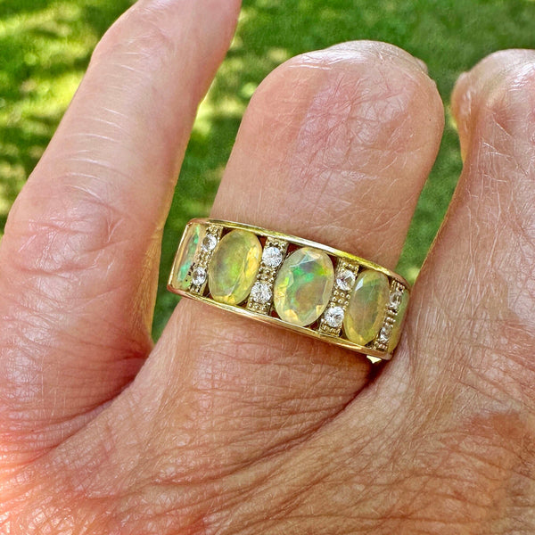 Vintage Gold Diamond Five Stone Fire Opal Ring Band - Boylerpf