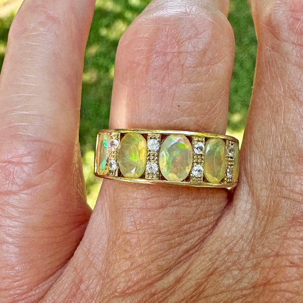 Vintage Gold Diamond Five Stone Fire Opal Ring Band - Boylerpf