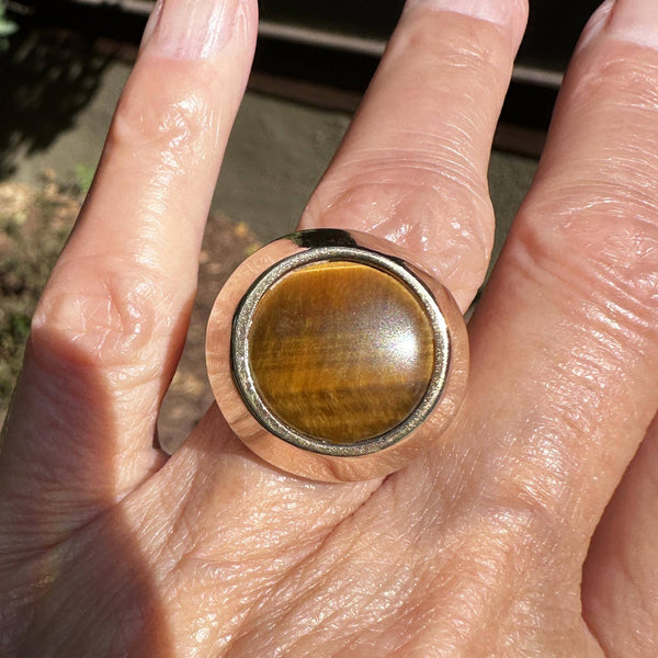 Heavy Modernist 14K Gold Tigers Eye Ring, 9.5 Grams - Boylerpf