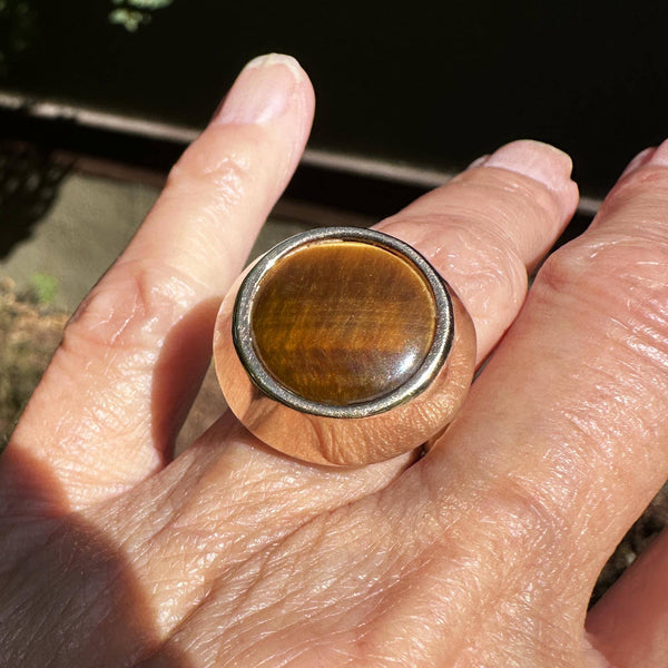 Heavy Modernist 14K Gold Tigers Eye Ring, 9.5 Grams - Boylerpf