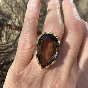 Vintage 13.5 CTW Pear Cut Smoky Quartz Ring in 14K Gold - Boylerpf