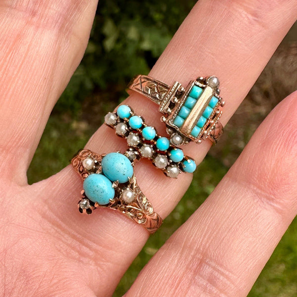 Victorian Gold Half Hoop Pearl Turquoise Ring - Boylerpf