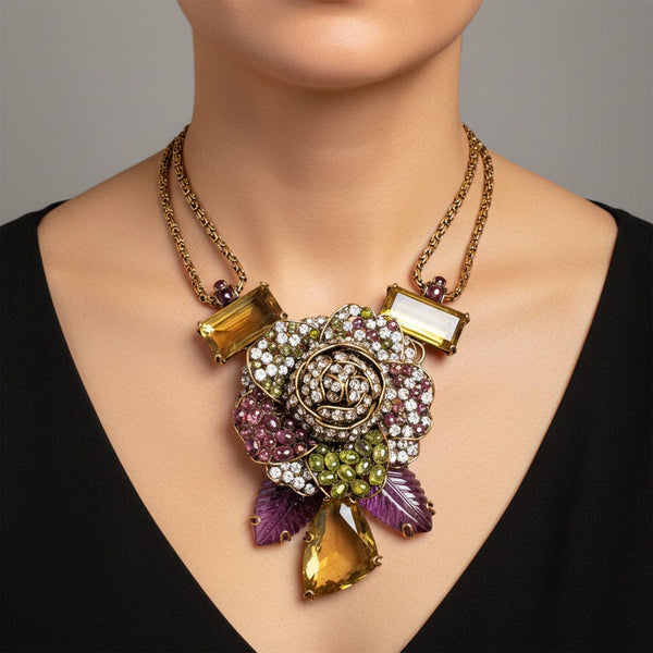 Vintage Iradj Moini Citrine Amethyst Floral Necklace Brooch
