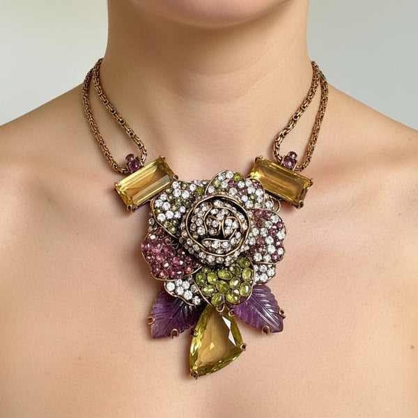 Vintage Iradj Moini Citrine Amethyst Floral Necklace Brooch