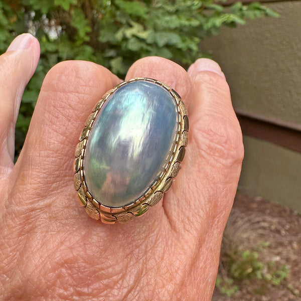Vintage 14K Gold Large Blue Baroque Mabe Pearl Ring - Boylerpf