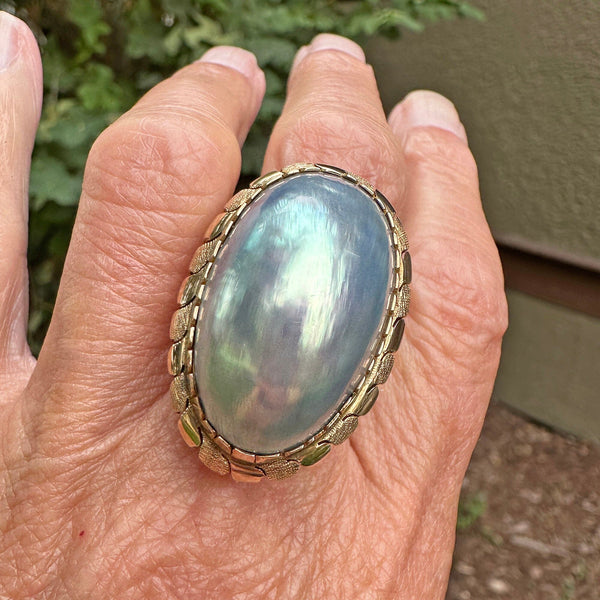 Vintage 14K Gold Large Blue Baroque Mabe Pearl Ring - Boylerpf