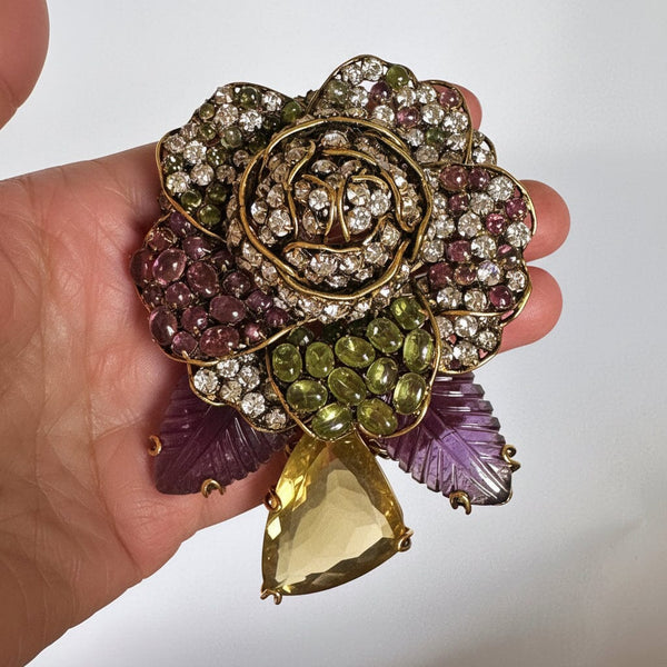 Vintage Iradj Moini Citrine Amethyst Floral Necklace Brooch