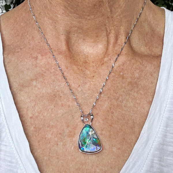 18K White Gold Diamond 13.99 CTW Boulder Opal Necklace - Boylerpf