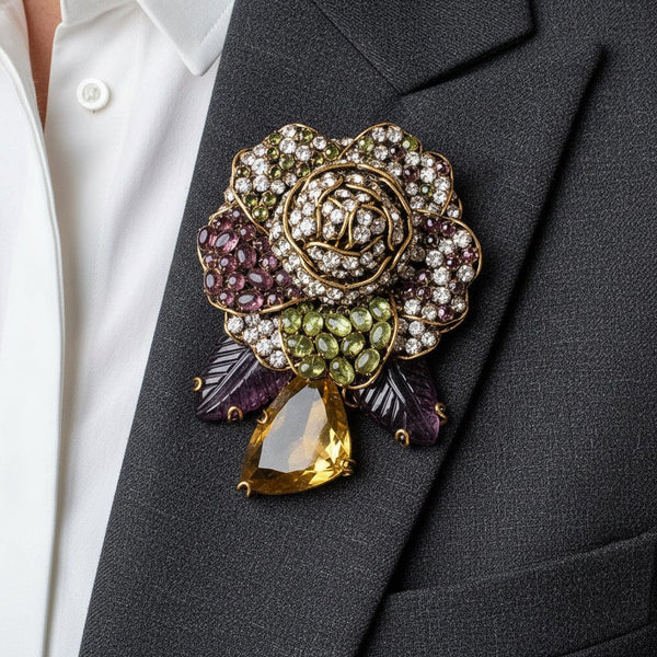 Vintage Iradj Moini Citrine Amethyst Floral Necklace Brooch