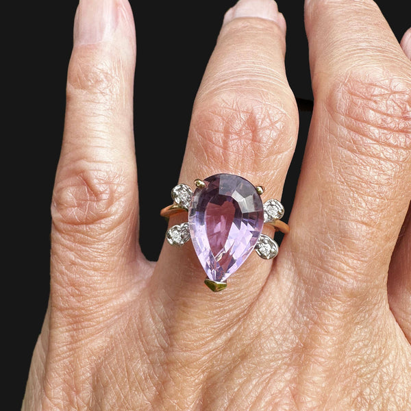 Vintage 14K Gold Diamond Wing Pear Cut Amethyst Ring - Boylerpf