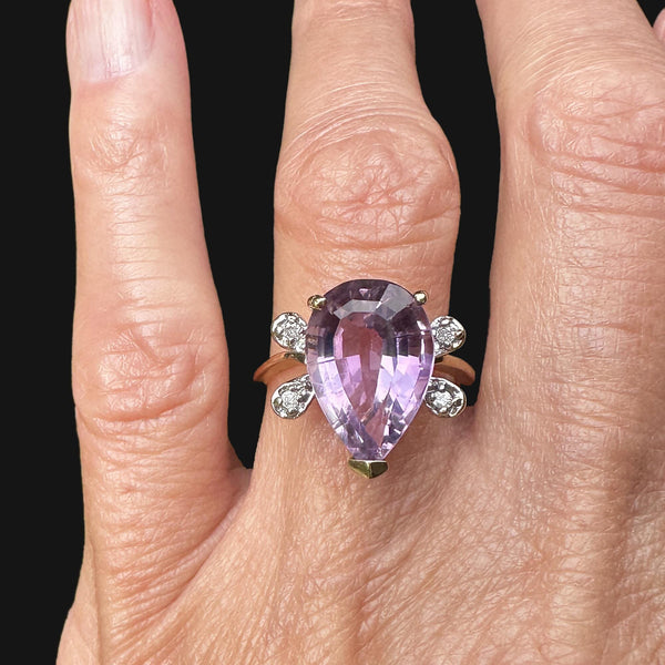 Vintage 14K Gold Diamond Wing Pear Cut Amethyst Ring - Boylerpf