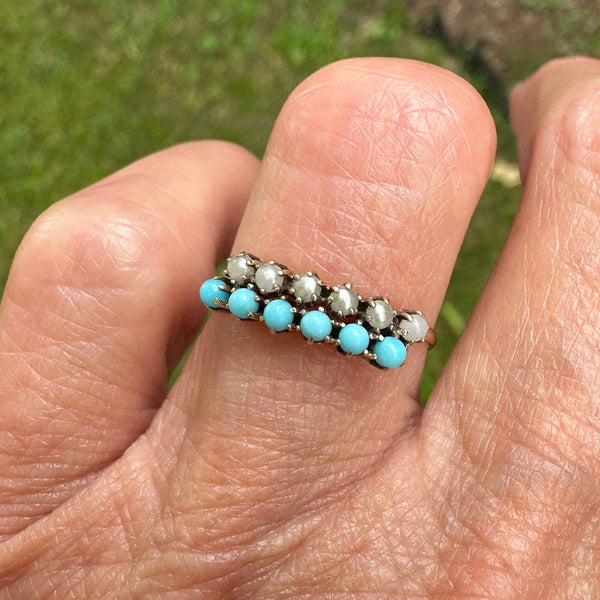 Victorian Gold Half Hoop Pearl Turquoise Ring - Boylerpf