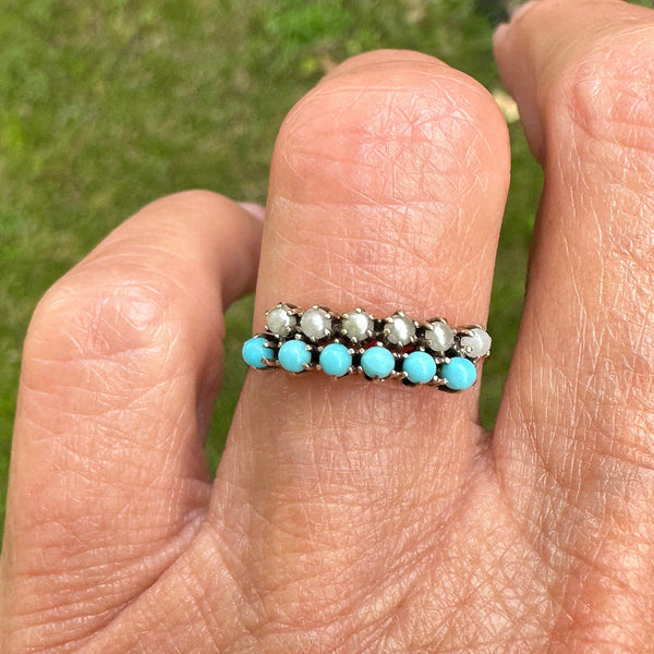 Victorian Gold Half Hoop Pearl Turquoise Ring - Boylerpf