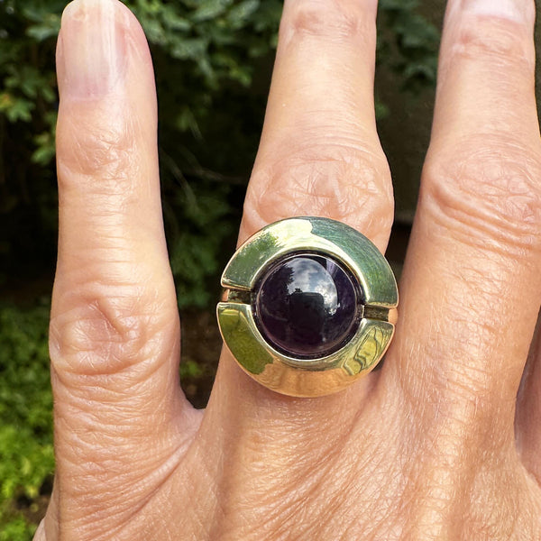 Heavy 14K Gold Amethyst Cabochon Target Style Ring - Boylerpf