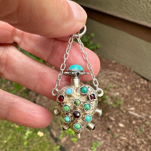 Antique Puffy Heart Turquoise Garnet Chatelaine Perfume Pendant - Boylerpf