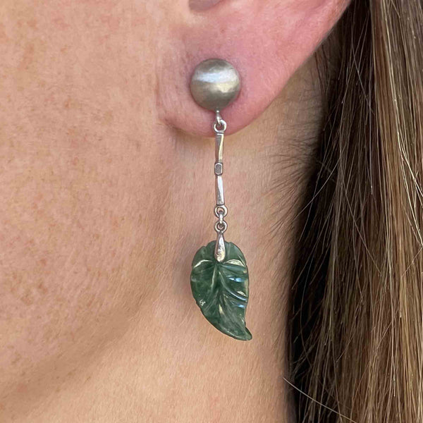 18K White Gold Carved Jade Leaf Chandelier Earrings - Boylerpf