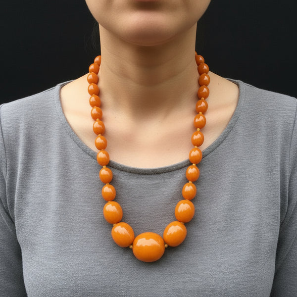 Art Deco Natural Butterscotch Egg Yolk Amber Bead Necklace - Boylerpf