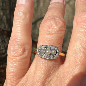 Antique Mine Cut Diamond Halo Natural Pearl Ring - Boylerpf
